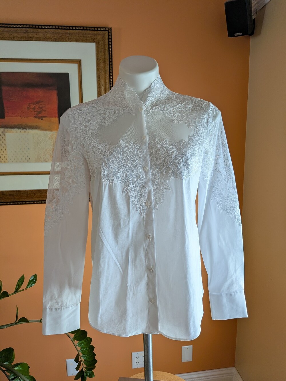 White Lace-Detail Button Down Shirt - Women Size S
